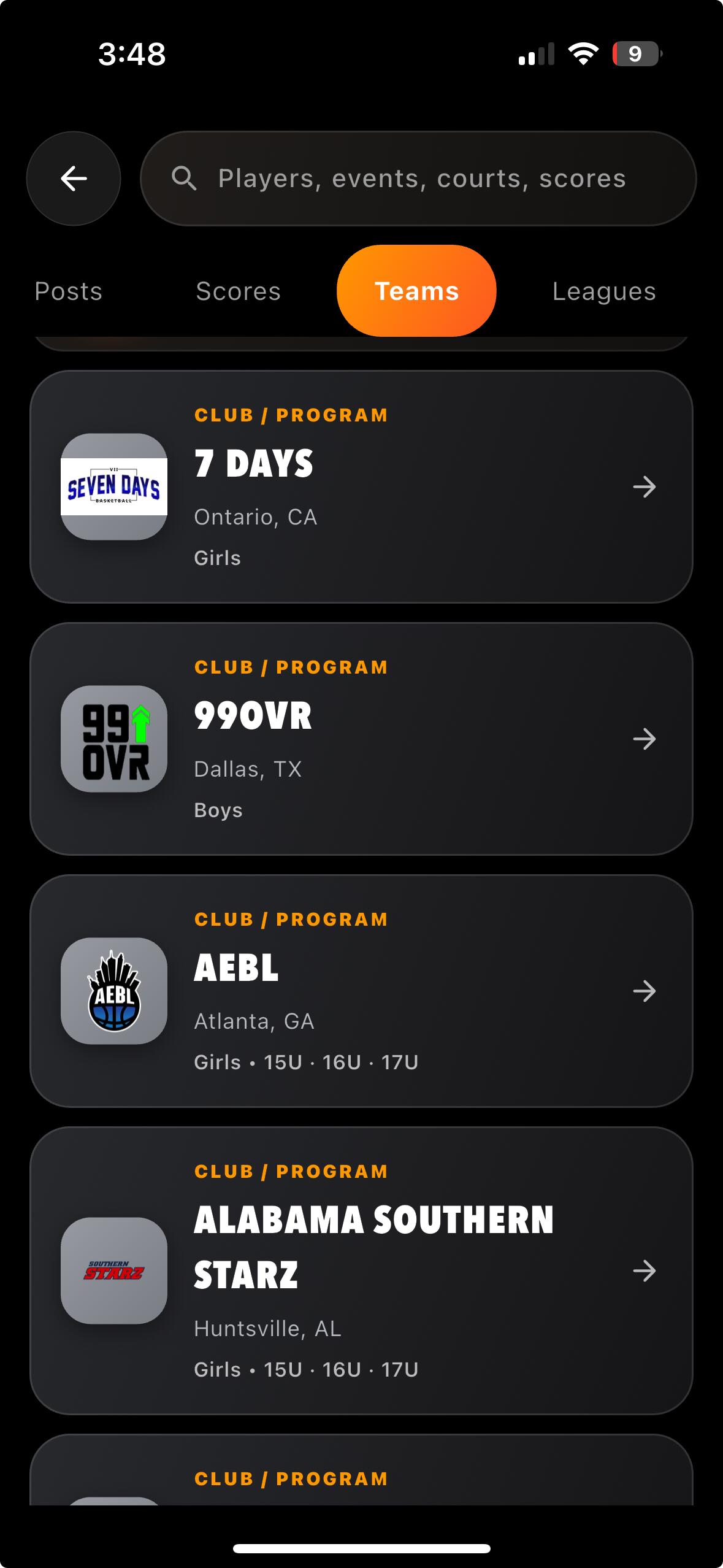 Basketball club and program directory on Check-Up