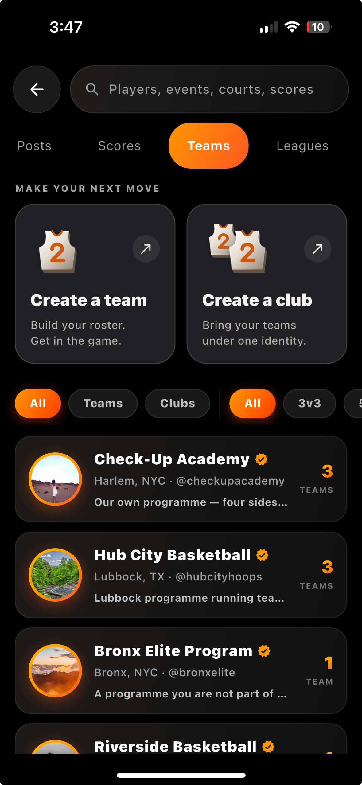 Check-Up teams screen with create a team, create a club, and the leagues tab