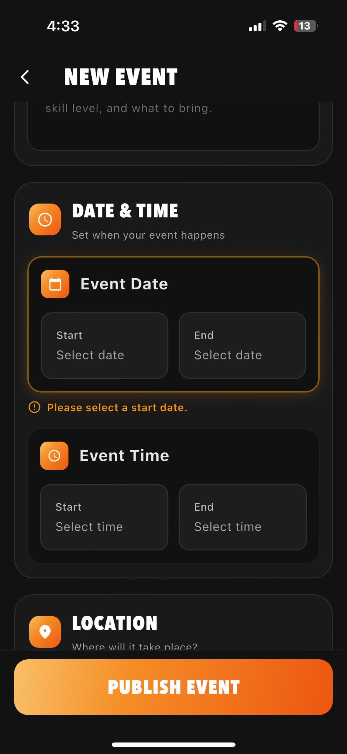 Start an event: choose a type and add a name video preview
