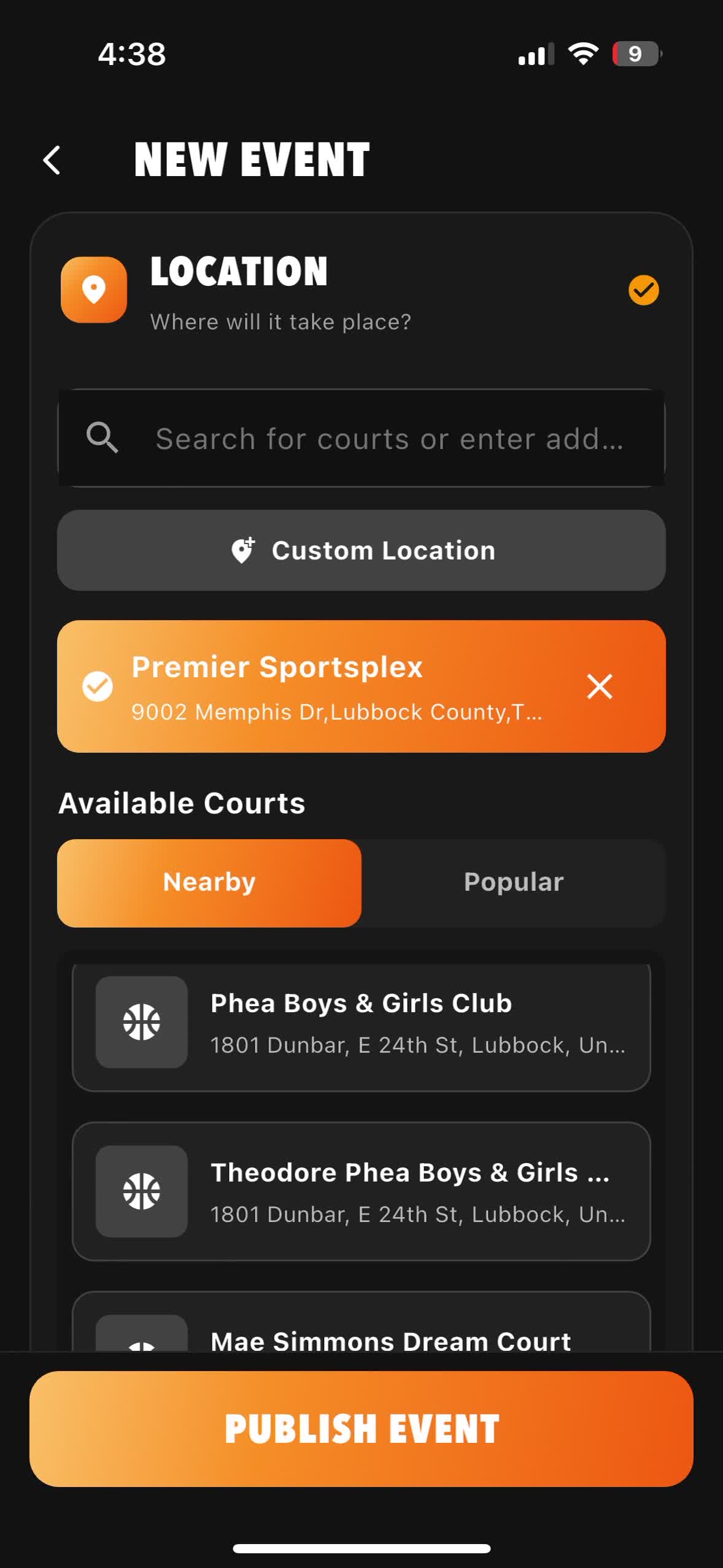 Choose the court for your event video preview