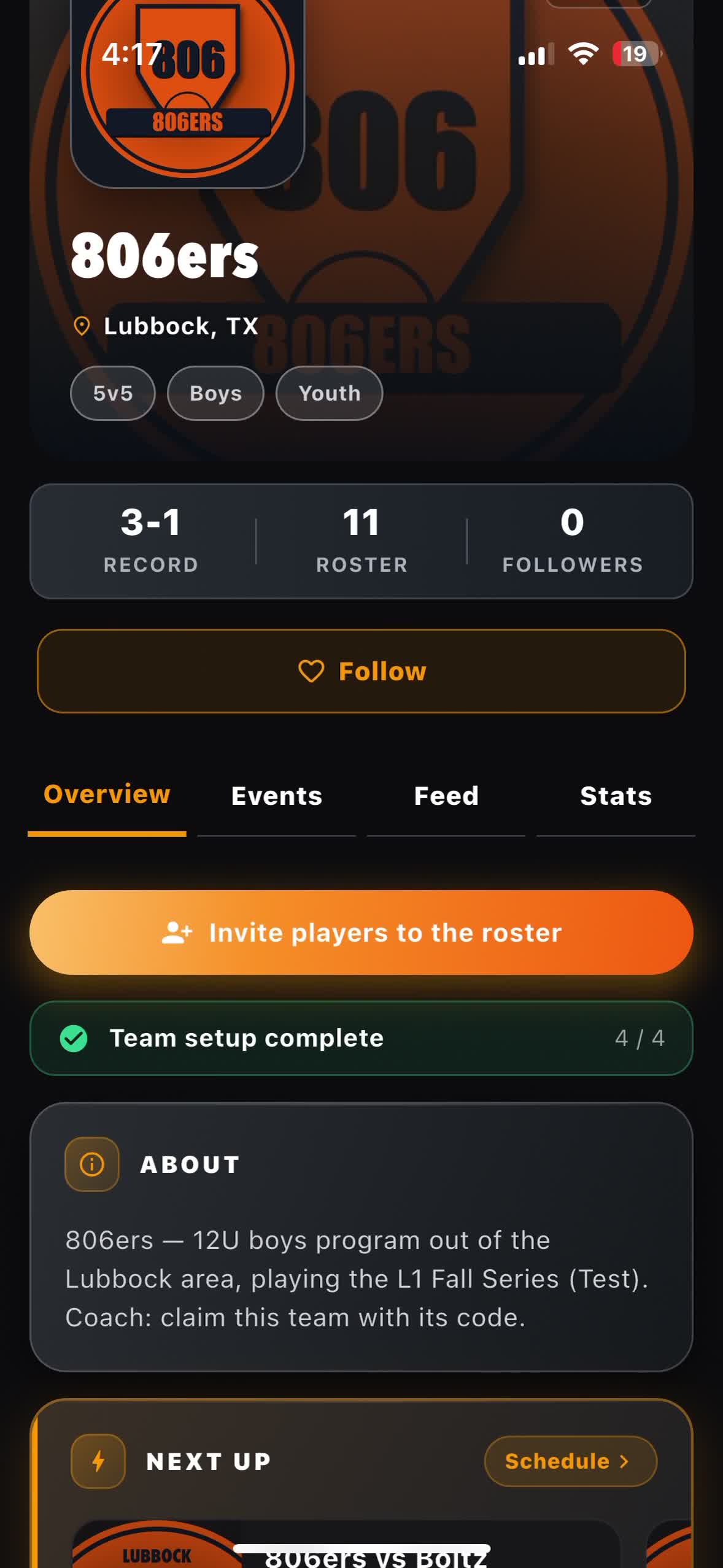 Team profile, roster and stats video preview