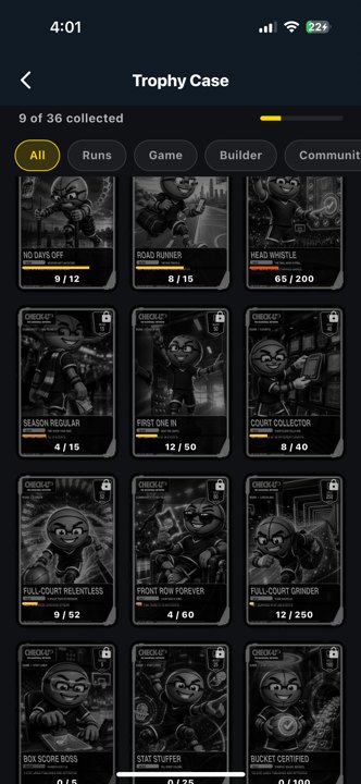 Awards trophy case 1 awards Actual app · trophy progress and locked collection artwork