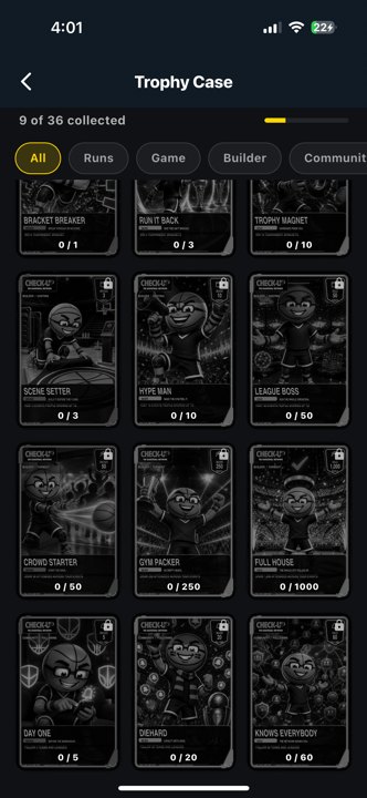 Awards trophy case 4 awards Actual app · trophy progress and locked collection artwork