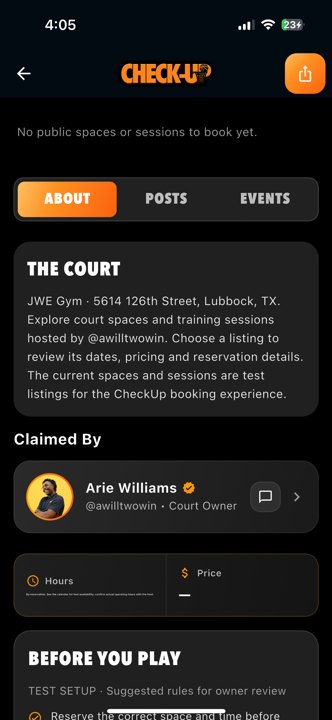 Courts jwe gym details 1 courts Actual app · JWE Gym page includes existing test booking setup