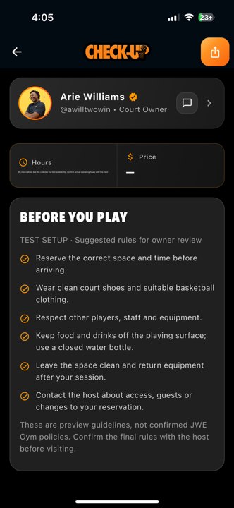 Courts jwe gym details 2 courts Actual app · JWE Gym page includes existing test booking setup