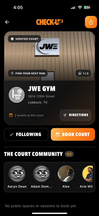 Courts jwe gym overview courts Actual app · JWE Gym page includes existing test booking setup