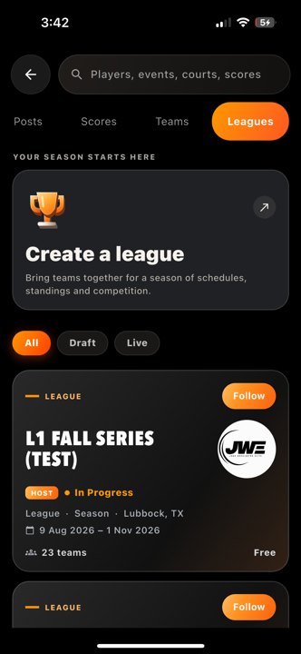 Leagues directory overview leagues Actual app · includes existing test/demo content
