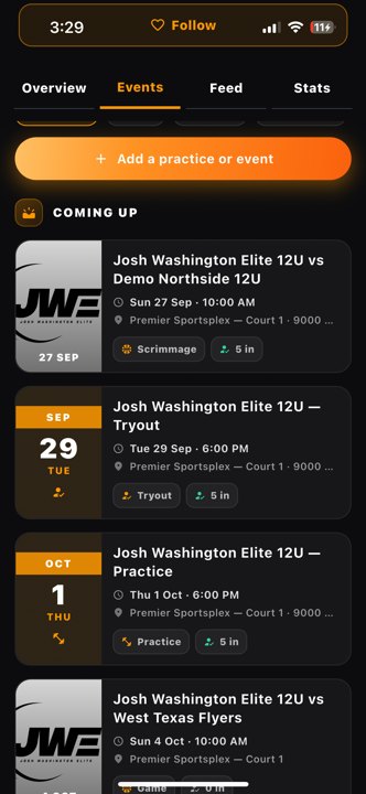Teams jwe Events content teams Actual app · existing demo team data