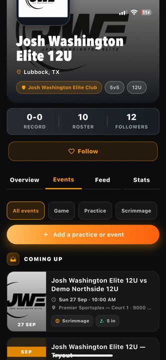 Teams jwe Events top teams Actual app · existing demo team data
